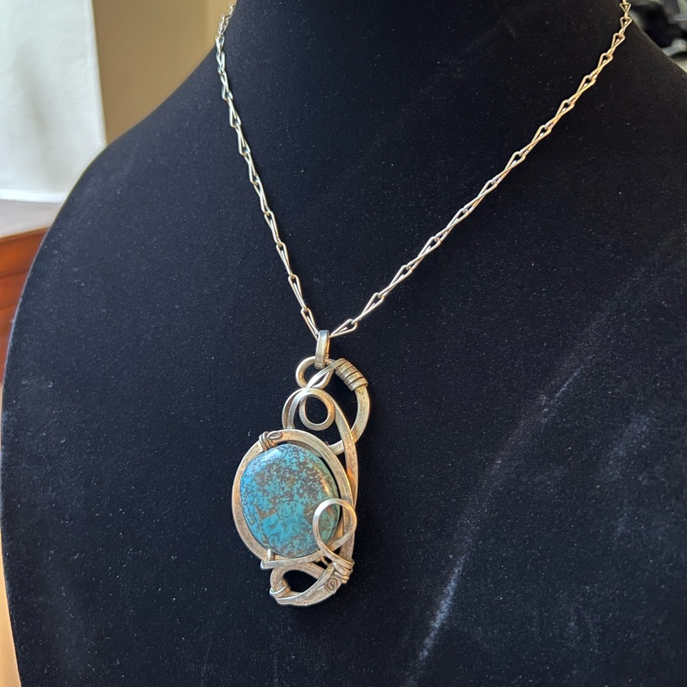 Artistic Wire Wrapped Stone Pendant Necklace - Silver & Turquoise Colored - Picture 5 of 12